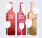 Wine bottle and glass set, vector illustration in paper art style. Grape red, pink, white wine