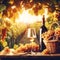 Wine bottle and glass of white wine on table in vineyard at sunset