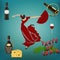 Wine bottle, glass wine, cheese, red wine, grapes, Vector illustration. Alcohol bottles and cheese. Taste of Spain. Spanish lady