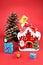 Wine bottle, pincone, Christmas decoration house and colorful gi