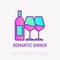 Wine bottle and two glasses thin line icon. Romantic dinner. Modern vector illustration