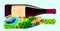 Wine bottle vector illustration, cartoon flat winery alcohol drink production concept of Italian vineyard landscape