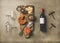 Wine bottle, vintage corkscrews, wineglasses and appetizers board, top view