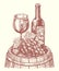 Wine bottle and wine glass on wooden barrel. Winery, vineyard sketch. Vintage vector illustration