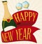 wine Bottle, Wineglasses and Red Ribbon for New Year Celebration,