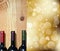 Wine bottle on a wooden table and abstract Lights on gold champagne