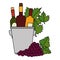 wine bottles in bucket with leafs and grapes