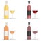 Wine bottles and glasses filled with different varieties of wine. Set of white, rose, and red wine bottles and glas. isolated on