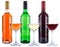 Wine bottles glasses red white rose alcohol isolated