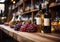 Wine bottles on large wooden table in winery vintage shop.Macro.AI Generative