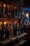 wine bottles on a rack with dimly lit ambiance