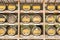 Wine casks on the wooden shelf. Stacked wine barrels at the japan winery