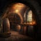 Wine Cellar, Old Winery Storage, Oak Barrels Warehouse, Vintage Bottles Basement, Generative AI Illustration