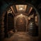 Wine Cellar, Old Winery Storage, Oak Barrels Warehouse, Vintage Bottles Basement, Generative AI Illustration