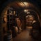 Wine Cellar, Old Winery Storage, Oak Barrels Warehouse, Vintage Bottles Basement, Generative AI Illustration