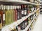 Wine cellar in super market shelf many bottles and wines