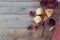 Wine, cheese and grapes on wooden table. View from above with copy space