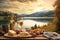 wine and cheese picnic with scenic lake background