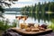 wine and cheese picnic with scenic lake background