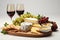 Wine and cheese platter on grey background AI-generated