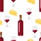 Wine and cheese seamless pattern. Vector illustration of a bottle of red wine, a glass and yellow cheese