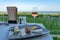 Wine, cheese table over the Lake Balaton on the hill Dinner, lunch, romantic date, picnic, eating on nature. Csopak wine