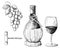 Wine collection. Vector illustration with wine barrel, wine glass, grapes, grape twig.Hand draw .