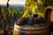 Wine country charm Red wine and aging barrel amidst green vineyards