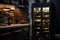 wine fridge with ambient lighting, dark background