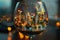 Wine glass captures a cityscape, blending urban glow with architectural elegance