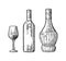 Wine glass, classic and braided bottle. Vintage color engraving vector