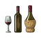 Wine glass, classic and braided bottle. Vintage color engraving vector