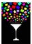 Wine glass with colorful bubbles in a dark background.The white wine glass is foaming and has a square shape and has a short color