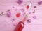 Wine glass flower rose  transparent  on wooden background romance