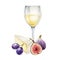 Wine glass and fruit watercolor illustration. Tasty gastronomy snack with white wine, cheese, grape berries, fig. Fresh