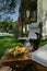 Wine glass with fruits on the terrace of a villa