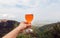 Wine glass over green hills horizon. Natural winemaking and ecological leisure