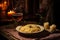 wine glass and risotto on a candlelit table