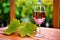 wine glass on table with vibrant vine leaves in background