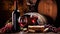 Wine glass, wooden barrel and collection of excellent red wine bottles in the cellar: traditional winemaking and wine tasting