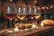 Wine glasses filled, diverse wines, wooden table, restaurant ambiance