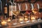 Wine glasses filled, diverse wines, wooden table, restaurant ambiance