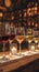 Wine glasses filled, diverse wines, wooden table, restaurant ambiance