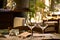 Wine glasses and table setting in restaurant