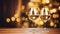 wine glasses on wooden table with blur festive golden bokeh background. Christmas and new year celebration. generative AI