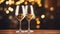 wine glasses on wooden table with blur festive golden bokeh background. Christmas and new year celebration. generative AI