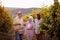 Wine and grapes. Family tradition. Harvesting grapes. Winegrower family in vineyard