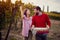 Wine and grapes. Harvesting grapes. Happy man and woman harvesting grapes