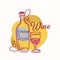 Wine Icon or Label with Hand Drawn Wineglass and Bottle Isolated on White Background. Linear Emblem for Festival Event
