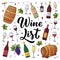 Wine list design elements. Vector illustration. Hand drawn calligraphy and wine bottles, drinking glass, vine grapes